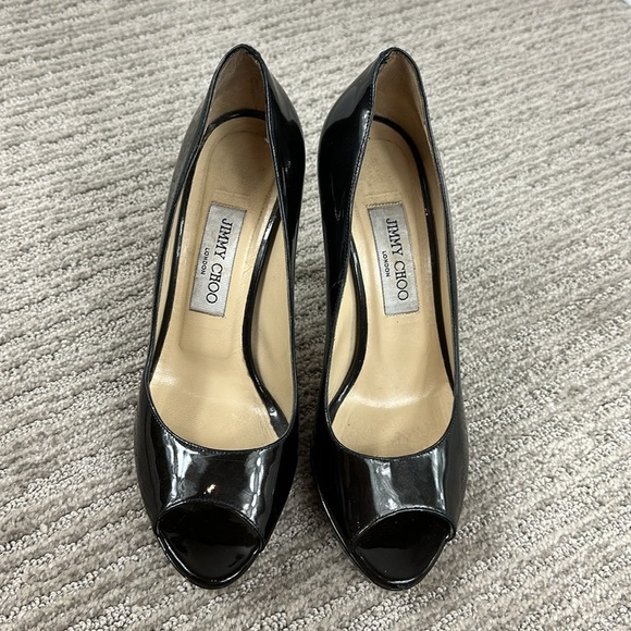 Jimmy Choo Black Patent Leather Luna Peep Toe Platform Heels 38.5/ 8.5 - Picture 4 of 14